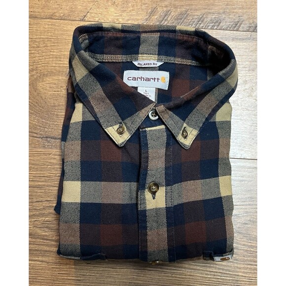 Carhartt Flannel Shirt Mens L Rugged Flex Hamilton Dark Khaki Plaid Relaxed Fit - Picture 9 of 10